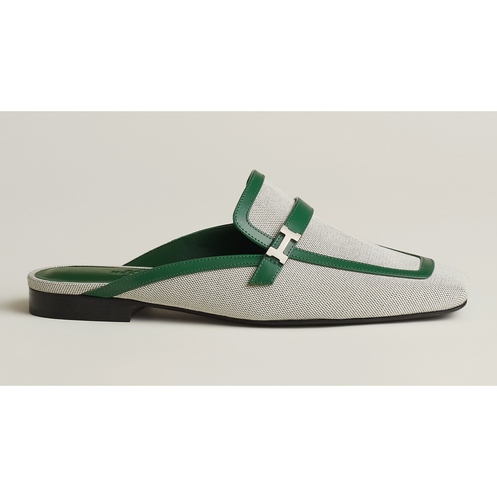 Hermes Groupie Mule Cactus Green Leather Canvas Backless Mule Slide Flat 37 - Picture 4 of 12